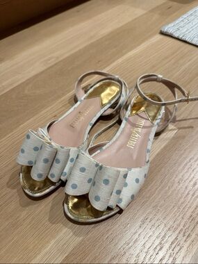 PALTER DELISO Italian designer Cream Polka Dot Ruffle Ankle-Strap Sandals
